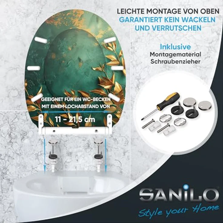 Sanilo WC Sitz Greego, mit Absenkautomatik und antibakterieller Beschichtung, hochwertiges Holz, 4-seitig bedruckt, verstellbare Scharniere – Bild 6