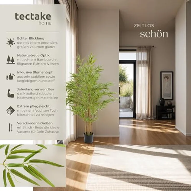 tectake Bambusbaum Bambosa, Künstlicher Baum mit naturgetreuen Blättern, 150 cm, Grün, pflegeleicht, dekorativ – Bild 2