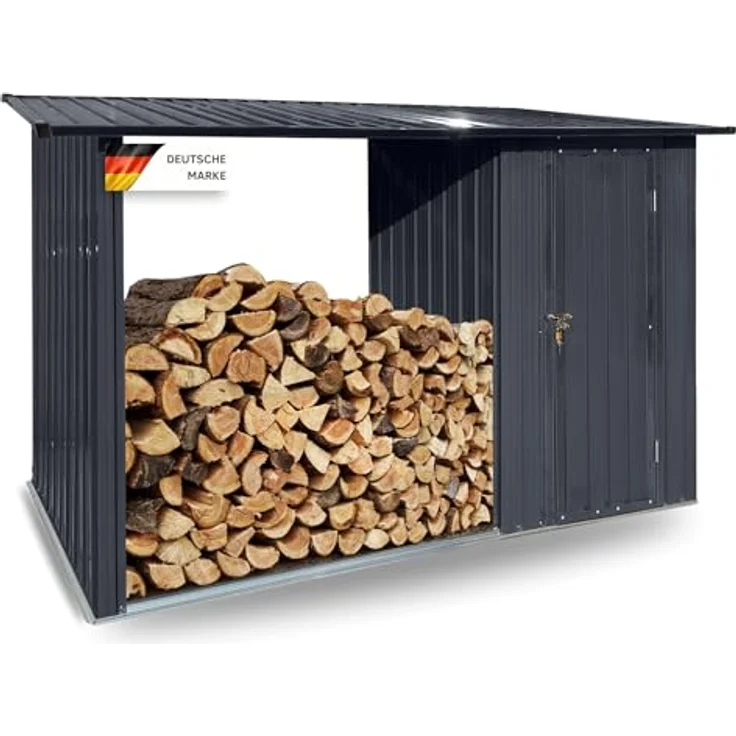 ALBATROS Profi Gerätehaus M – Geräteschuppen mit Holzunterstand für 2,3m³ Holz, verzinktes Metall in Anthrazit (RAL 7016) 366x127x161cm, wetterfester Gerätelager Gartenschrank – Bild 1
