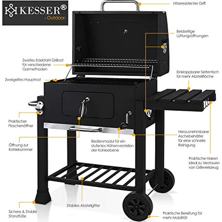KESSER Grill Grillwagen XXL Holzkohlegrill mit Deckel, Rädern, Edelstahl-Griff, Grillrost und Thermometer Holzkohle kohlegrill Wagen groß Kohle BBQ Barbeque Camping, Terrasse, Garten Schwarz – Bild 2