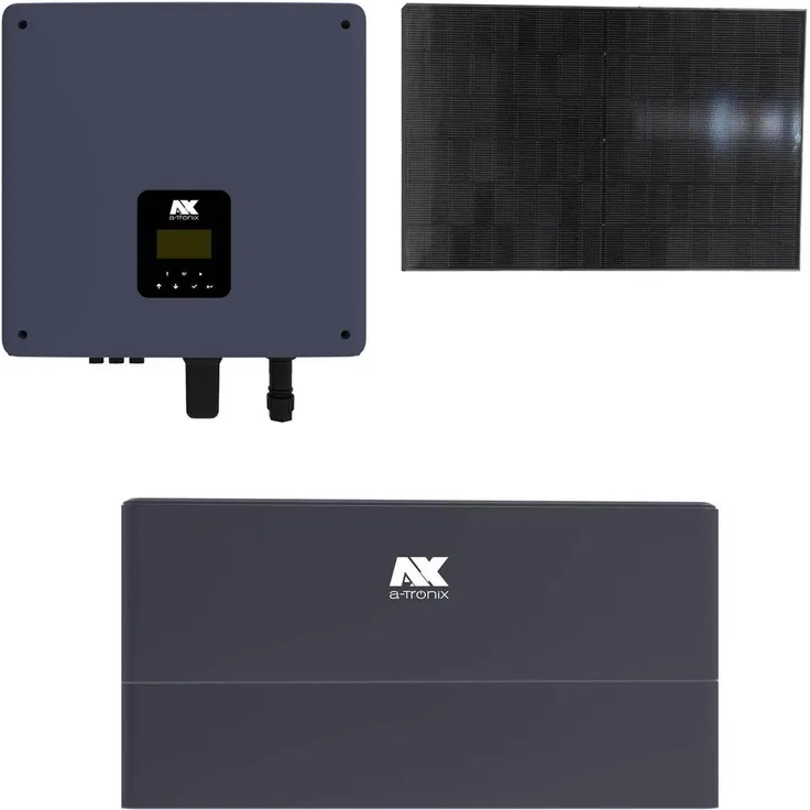 a-TroniX 4,6kWp PV-Komplettanlage mit Glas-Glas Modulen und 5,76kWh Speicher, enthält 4,6kW 1-ph Hybrid-Wechselrichter, 2x 2,88kWh Hochvolt-Speicher mit BMS, 11x 440W Sunpro TopCon Full Black Glas-Glas Solarmodule und das passende Smartmeter