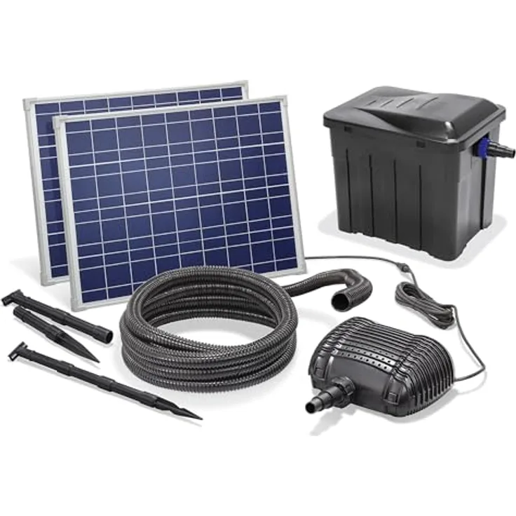 Esotec Solar Außen Teichfilter-Set Premium 70/3400, 4-Stufen-Filterung für Teichgrößen bis 7000 Liter, inklusive 2 Solarmodulen und Tauchpumpe