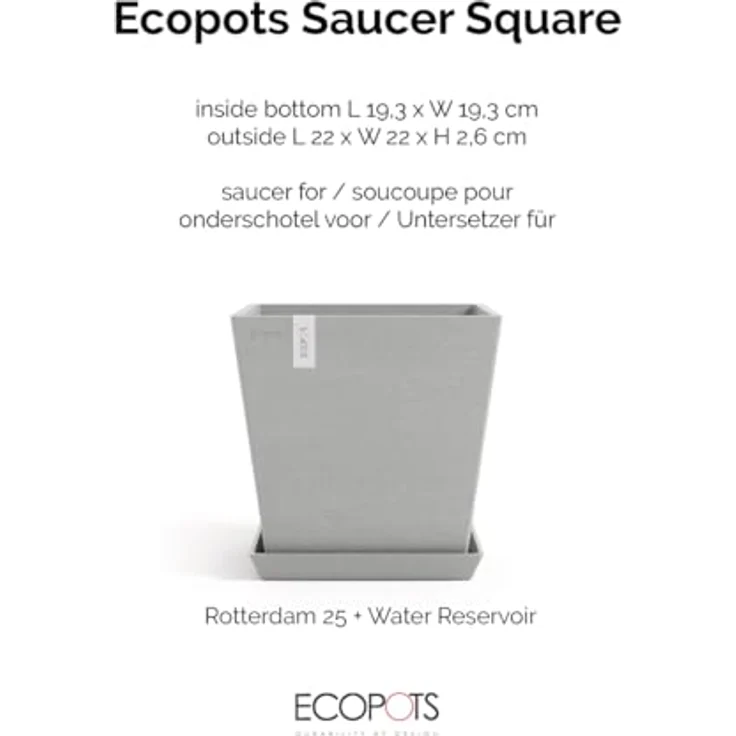 Ecopots Rotterdam Kasten-Untersetzer, 22 x 22 x 2,5 cm, aus Recyclingkunststoff, bruchsicher, UV-beständig, frostsicher, weißgrau – Bild 2
