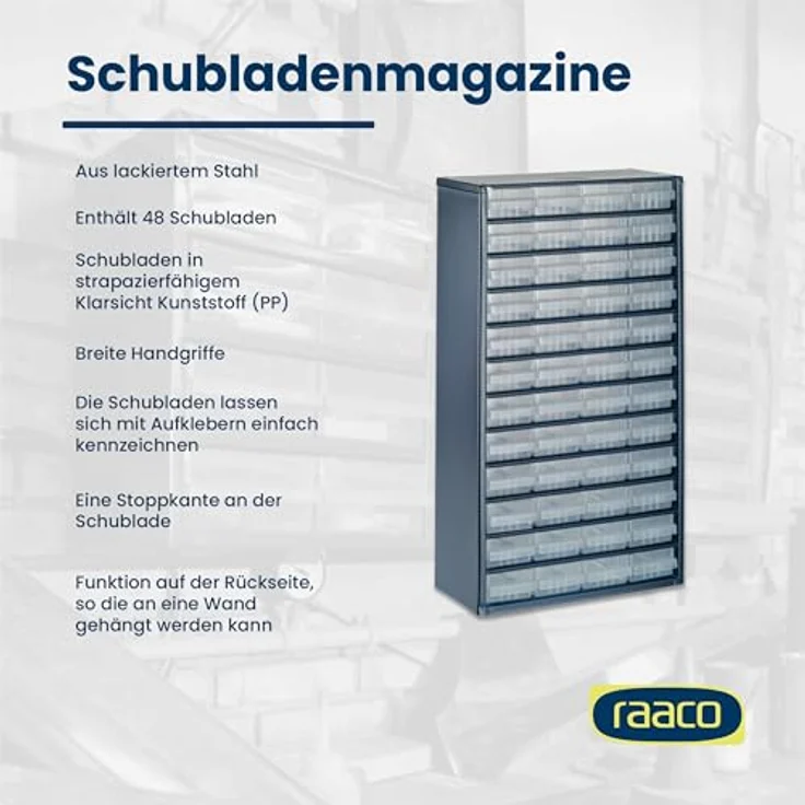 Raaco Kleinteilemagazin C12-48, 48 Schubladen, Tragkraft 39.6 kg, 15 x 30.6 x 55.2 cm, Wandmontage, für Werkstatt Ordnungssystem – Bild 3