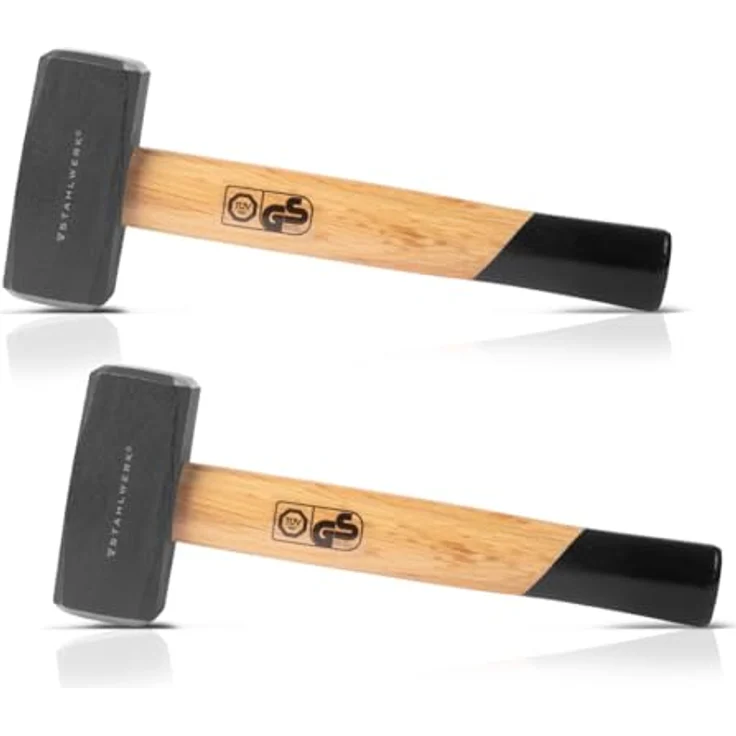 STAHLWERK Fäustel 1000g, 2er Set Plattenhammer aus schwarz lackiertem Carbon-Stahl mit doppelt geschweiftem Holzstiel – Bild 1