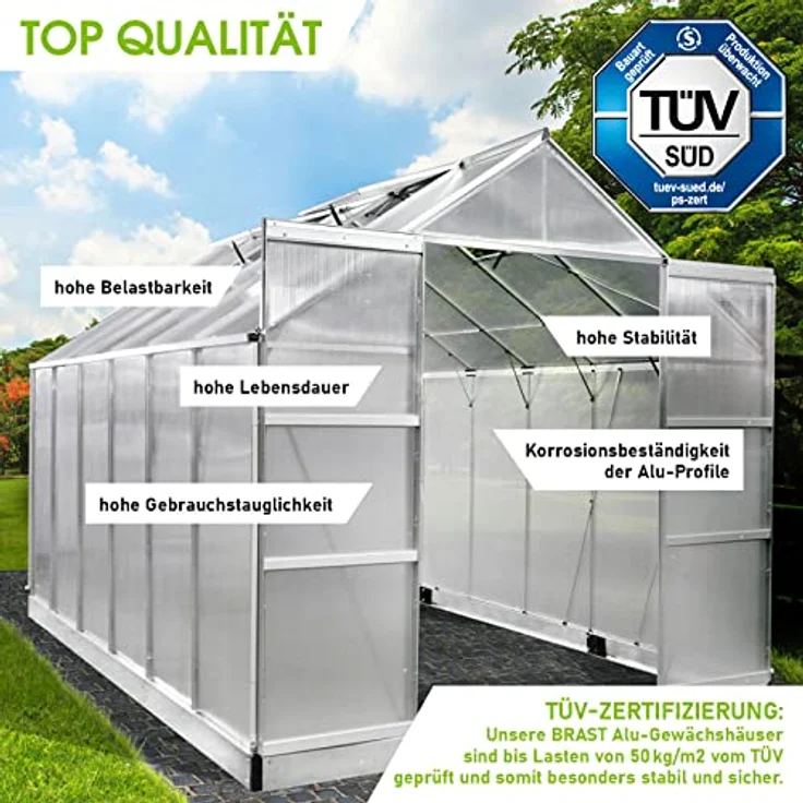 BRAST Gewächshaus Aluminium mit Fundament, 380x250x235cm, TÜV geprüft, 6mm Hohlkammerplatten, rostfrei, wetterfest, temperaturbeständig, Silber – Bild 3