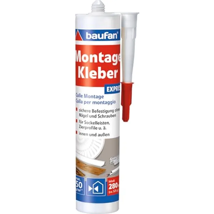 Baufan Montagekleber 280ml Express, universeller Alleskleber für Holz, Dämmplatten, Keramik und PVC, lösungsmittelfrei, weiß