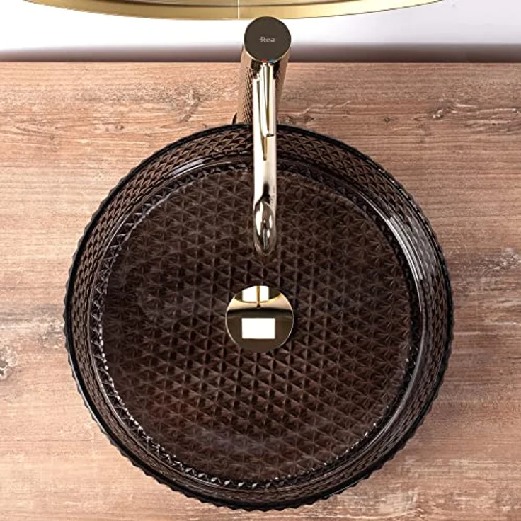 Rea Aufsatzwaschbecken Cristal Black, Glas-Waschbecken für Badezimmer, freistehend, 355 x 355 x 115 mm (schwarz) – Bild 5