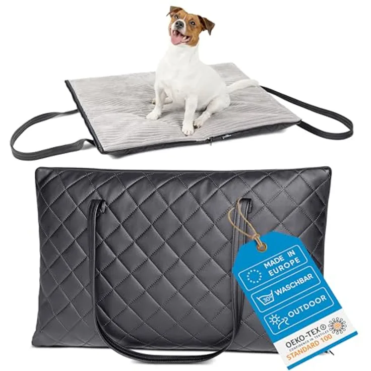 FREUDENTIER Faltbare Outdoor Hundematte | Gestepptes Kunstleder mit weicher Liegefläche | Waschbar, Wasser- und Schmutzabweisend | Hundedecke für unterwegs, Made in EU (75x60cm Liegefläche)
