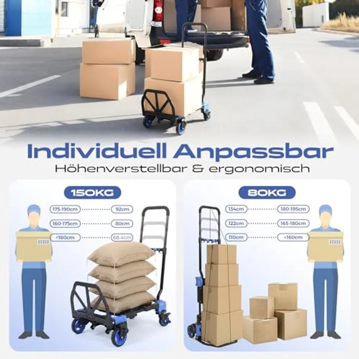 Sekey Sackkarre Alu 2-in-1, Klappbar bis 150 kg Tragkraft, Plattformwagen mit Bremse, ergonomischem Griff, schwarz/blau – Bild 5