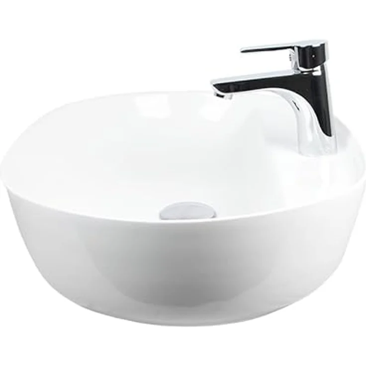 STABILO Sanitaer Keramik Aufsatz Waschbecken Oval 600 x 420 x 135 mm Anschlussset weiß mit Ablage – Bild 5