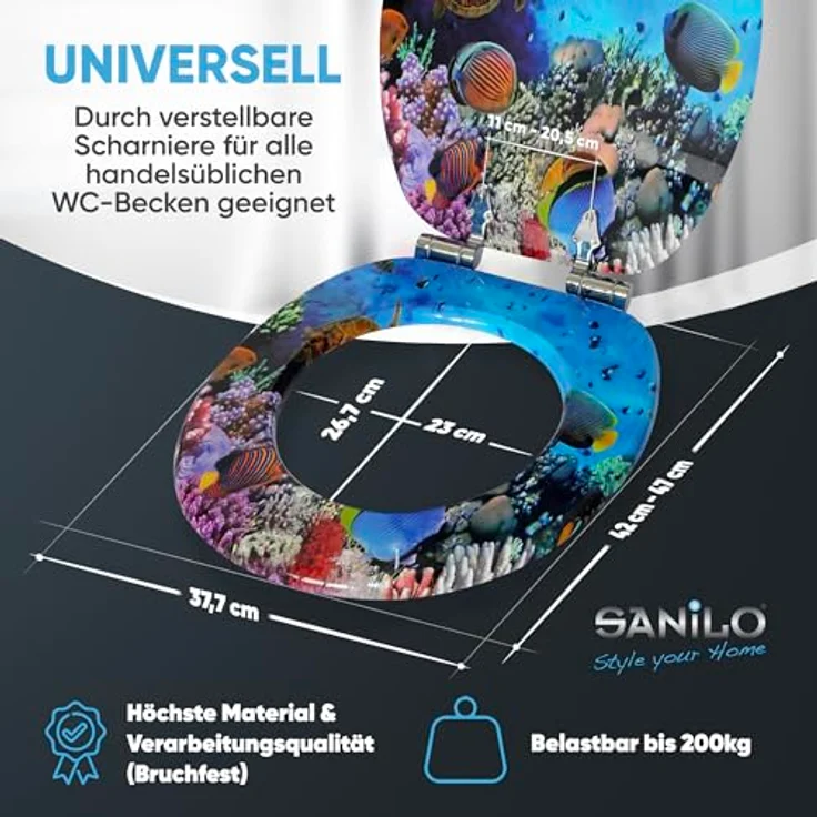 Sanilo WC Sitz Ocean, Hochwertiger Holz-Toilettendeckel mit Absenkautomatik, antibakterieller Oberfläche, passend für alle WC-Becken – Bild 4