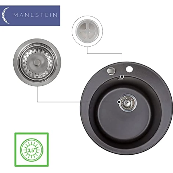 Manestein Spülbecken, Küchenspüle aus Granit, Einbauspüle, Einzelbecken mit Siphon, Fleckenbeständig und Pflegeleicht, 80% Quarzsand, 1 Becken, Rund, Ø 49, Graphit - Schwarz Gesprenkelt – Bild 3