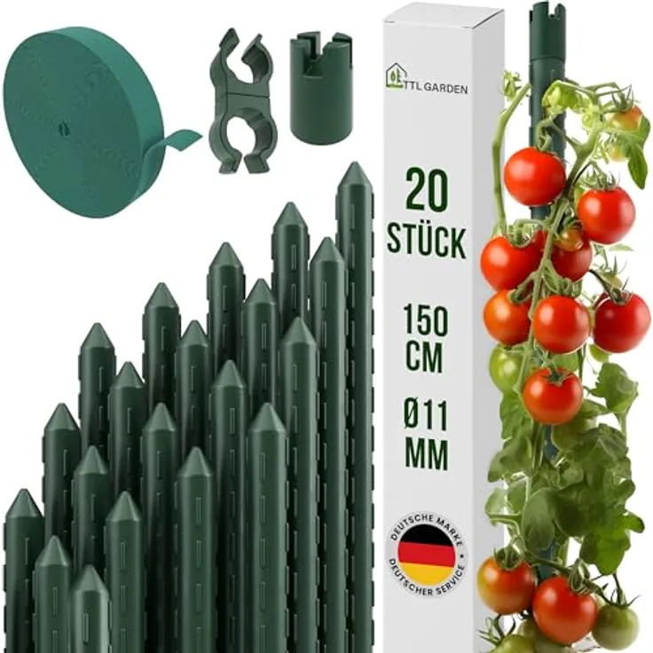 TTL GARDEN Rankstäbe 20er Set 150cm x 11mm Ø grün - Rostfreie Pflanzenstütze mit Klettband und Clips für Tomaten, Gurken & Blumen