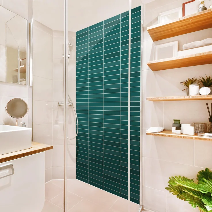 Apalis Home Duschrückwand mit Motiv selbstklebend, wasserfest in petrol, Fliesenoptik, fugenlos, 80x190 cm