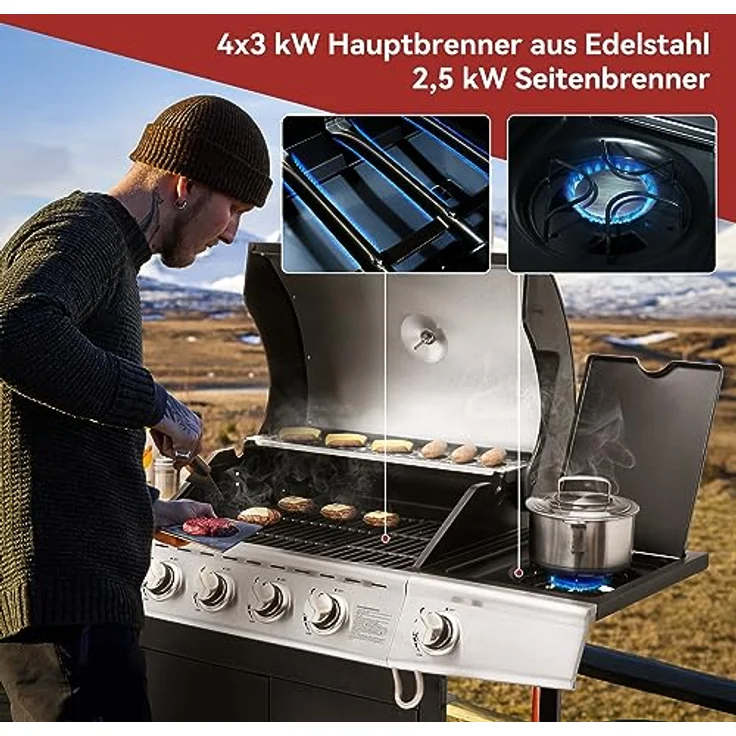 Royal Gourmet 4+1 Brenner Gasgrill Grillwagen mit automatischer Zündung,integriertem Thermometer und Unterschrank Edelstahl Brenner mit 14,5 kW Camping Gasgrill für Outdoor Barbecue Schwarz – Bild 5