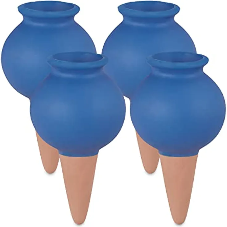 Relaxdays Tonspitzen Bewässerung, 4er Set, Wasserspender für Zimmerpflanzen & Balkonkästen, automatisch, Gießkegel, blau, 12 x 6 x 6 cm