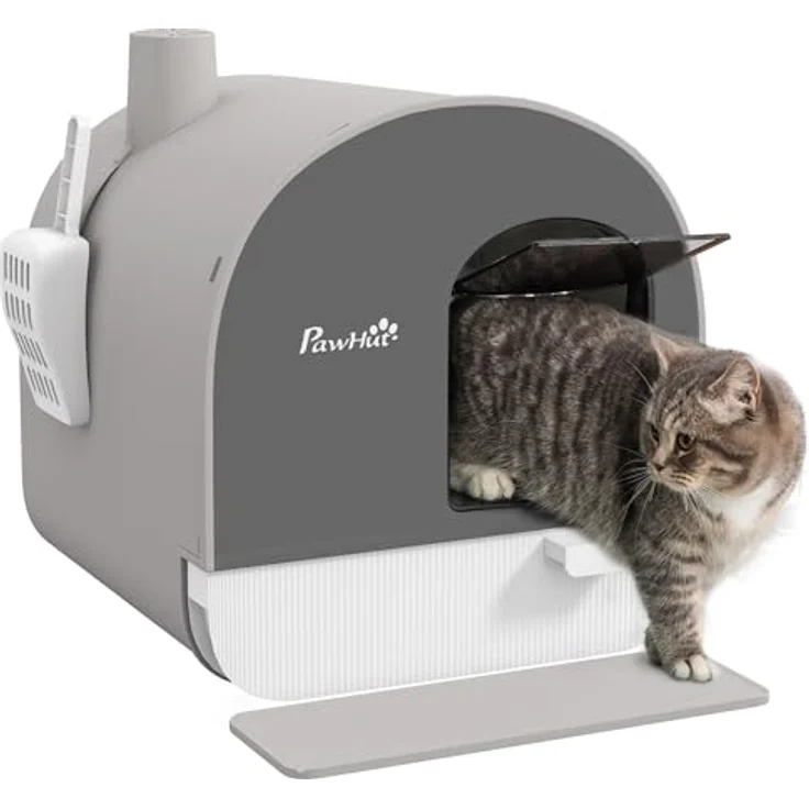 PawHut Katzentoilette Toilette mit Haube für Katzen bis 5 kg Katzenklo mit Deckel inkl. Schaufel ausziehbares Tablett Katzenstreu Matte Kunststoff Grau 43 x 44 x 47 cm – Bild 1