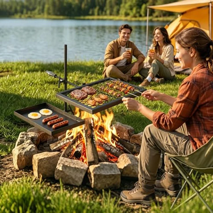 VEVOR Schwenkgrill KJ001, 360° Höhenverstellbarer Lagerfeuergrill aus Kohlenstoffstahl mit Grillrost, drehbar für Outdoor und Camping – Bild 8