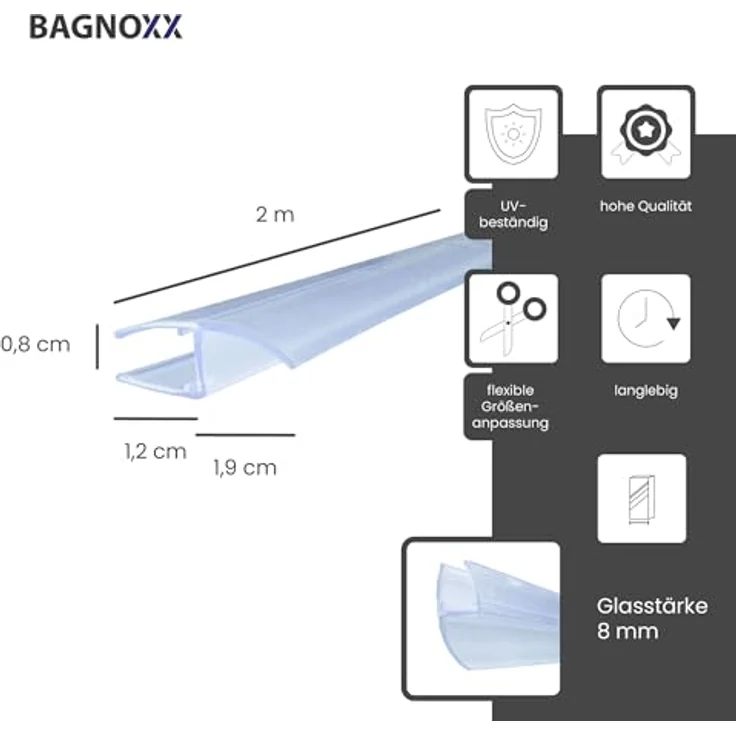 Bagnoxx Spaltdichtung Lange Dichtlippe 2m für 8mm Glas, transparent, UV-beständig, wasserabweisend und schimmelresistent – Bild 2