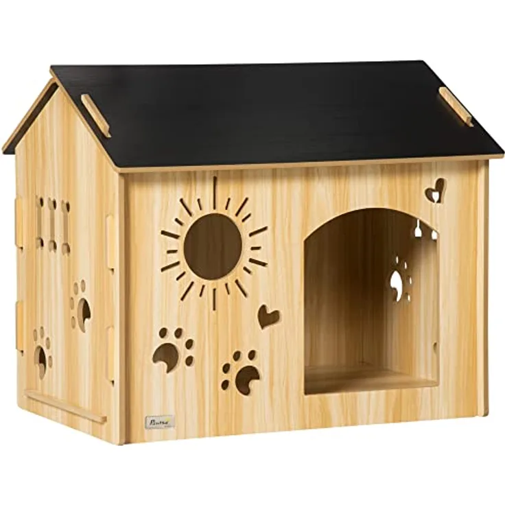 PawHut Hundehütte aus Holz Kleintierhaus mit Lüftungsöffnungen Hundehaus mit Dach Hundehöhle Indoor MDF Eiche+Schwarz 69 x 50 x 58,5 cm