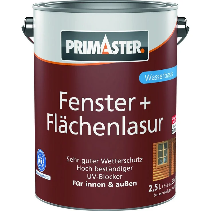 Primaster Fenster + Flächenlasur 2,5 L, wasserbasierte Holzlasur in kiefer für Innen- und Außenanwendung