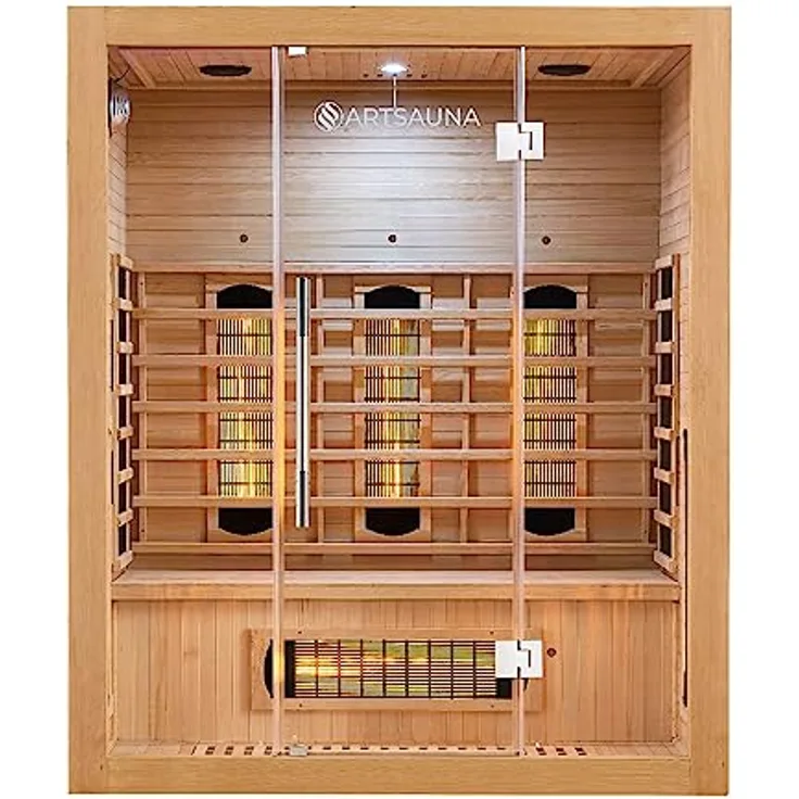 Artsauna Infrarotkabine Kiruna160 mit 6 Vollspektrum- & 3 Flächenstrahler, 3 Personen, 160x105x190 cm, LED Farblicht & Glastür, Infrarotsauna Sauna