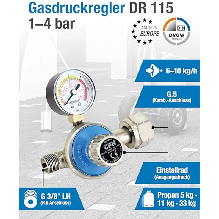 CFH Propanregler , mit Manometer, 1-4 bar stufenlos regelbar – Bild 3