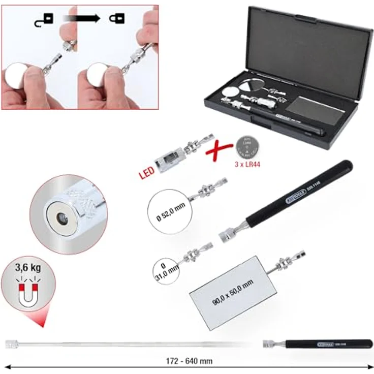 KS Tools Flexibler Inspektions-Spiegel-Satz 5tlg., Teleskop-Haltegriff 172-640 mm, 3 flexible Spiegel, Magnet bis 3,6 kg, inkl. 3 LR44 Batterien in Kunststoffbox – Bild 2