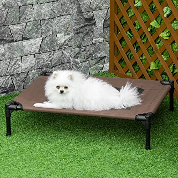 PawHut Hundebett Hundeliege Outdoor Katzenbett Haustierbett Schlafplatz Stahl 600D Oxford-Gewebe Braun 76 x 61 x 18 cm – Bild 2