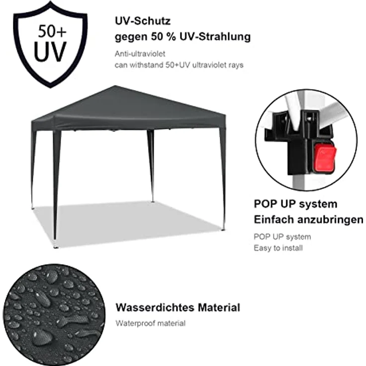 WOLTU Pavillon Pop-Up wasserdichter Faltpavillon Sonnenschutz Event Pavillon Gartenpavillon auf Terrasse Camping Festival Pagodenzelt aus Oxford Metallrahmen 3 x 3 m Anthrazit – Bild 5