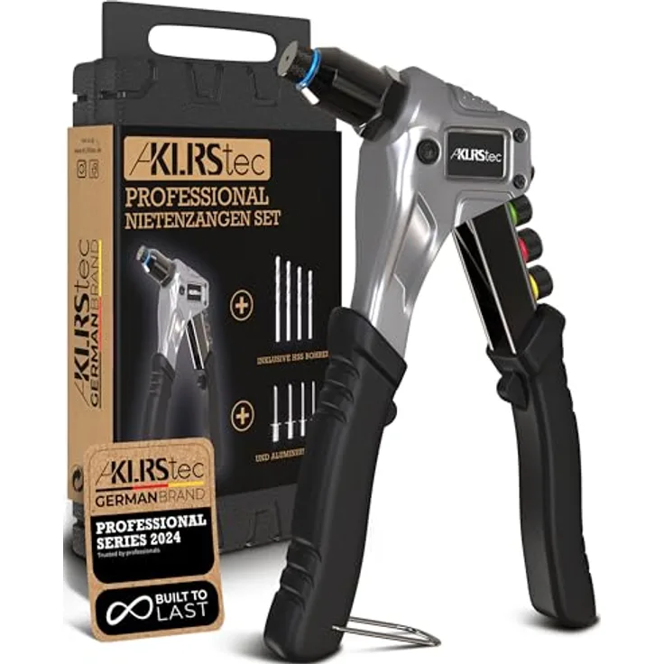KLRS KLRStec® Professional Nietenzangen Set inkl. 120 Nieten und 4 HSS Bohrern – Hochwertige Popnietenzange in Schwarz