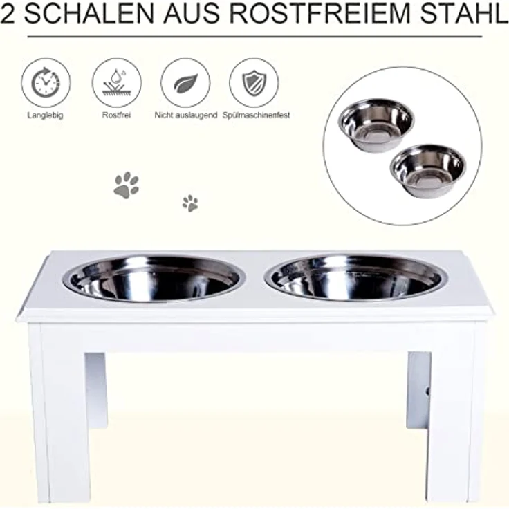 PawHut Erhöhter Hundenapf, Futternapf, Edelstahlnäpfen, Haustier Fressnapf, MDF, Weiß, 58,4 x 30,5 x 25,4 cm – Bild 5