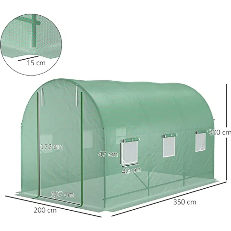 Outsunny Foliengewächshaus Tomatengewächshaus Treibhaus Folientunnel Frühbeet mit Fenster Grün 350 x 200 x 200 cm – Bild 3