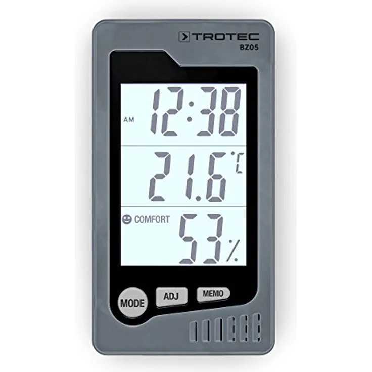 TROTEC Raum-Thermohygrometer BZ05 Thermometer Anzeige von Raumtemperatur Luftfeuchtigkeit Uhrzeit Datum Messbereich 0°C bis 50°C / 10% bis 90% Behaglichkeitsdiagramm Wohlfühlindikator Weckfunktion