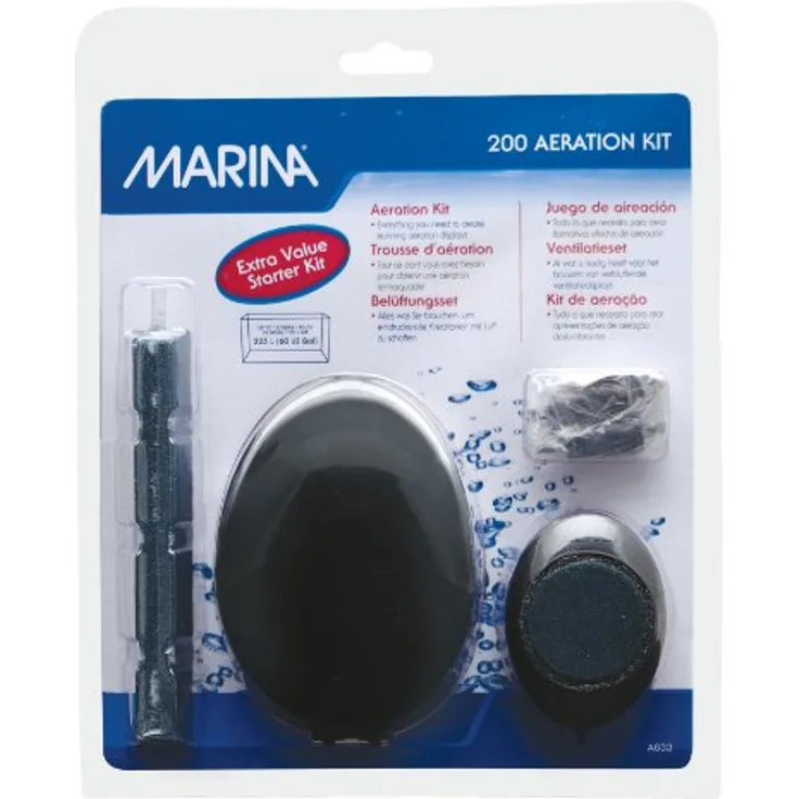 Marina Durchlüfter-Set für Aquarien bis 225l, mit Marina 200 Dürchlüfterpumpe, 2 Auströmersteinen, einem 6m Luftschlauch und 2 Sichheitsventilen