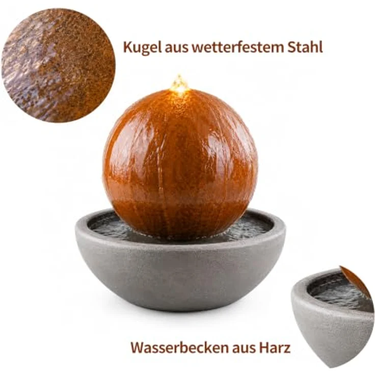 Köhko Cortenstahl Kugelbrunnen mit LED-Beleuchtung, Harzbecken, dekoratives Wasserspiel für innen und außen, Ø 30 cm – Bild 7