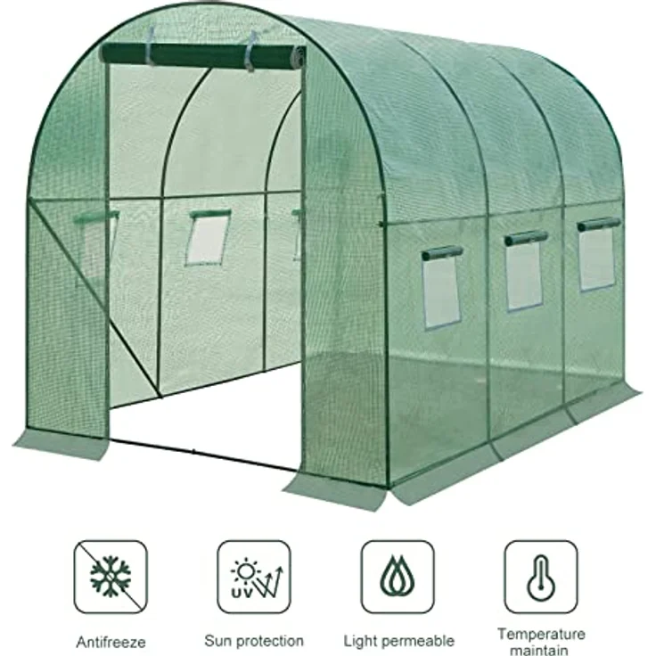WOLTU Gewächshaus 300x200x190 cm, Foliengewächshaus Winterfest, Folientunnel für Aufzucht Tomaten, Tomatenhaus mit Tür 6 Fenstern, aus Stahlrohr PE, Grün – Bild 5