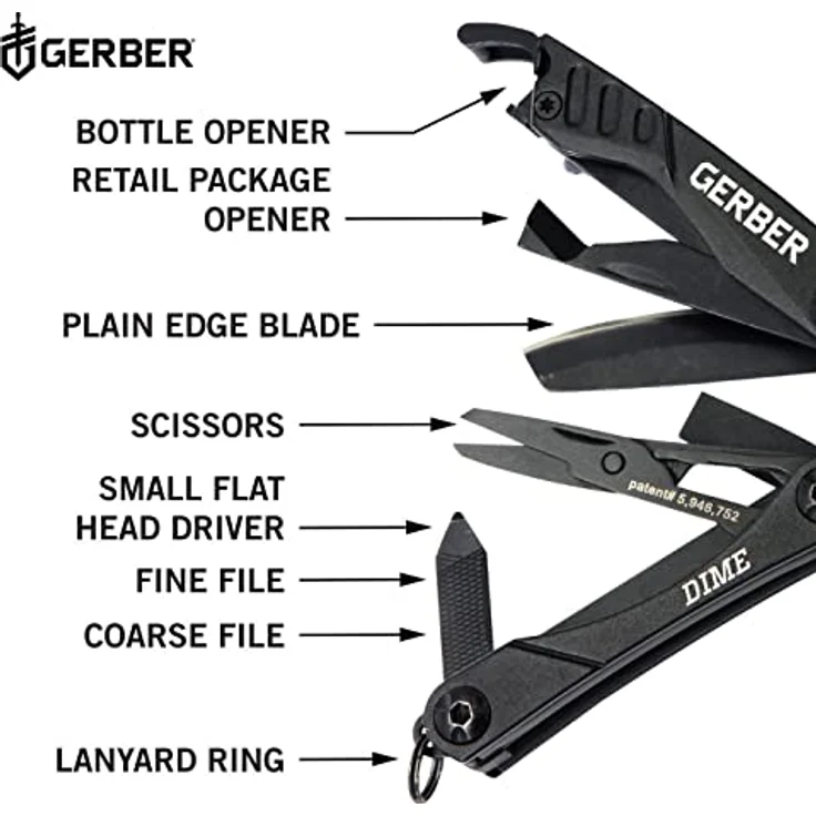 Gerber Dime Pocket Multi-Tool, Multifunktionswerkzeug mit 12 Funktionen aus Edelstahl, schwarz, 31-003610 – Bild 2