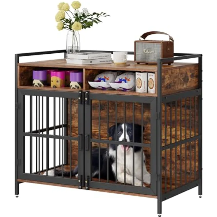 VEVOR Hundekäfig Vintage Beistelltisch mit Doppeltür-Design, Karbonstahl-Rahmen und P2 Spanplatte in Holzoptik