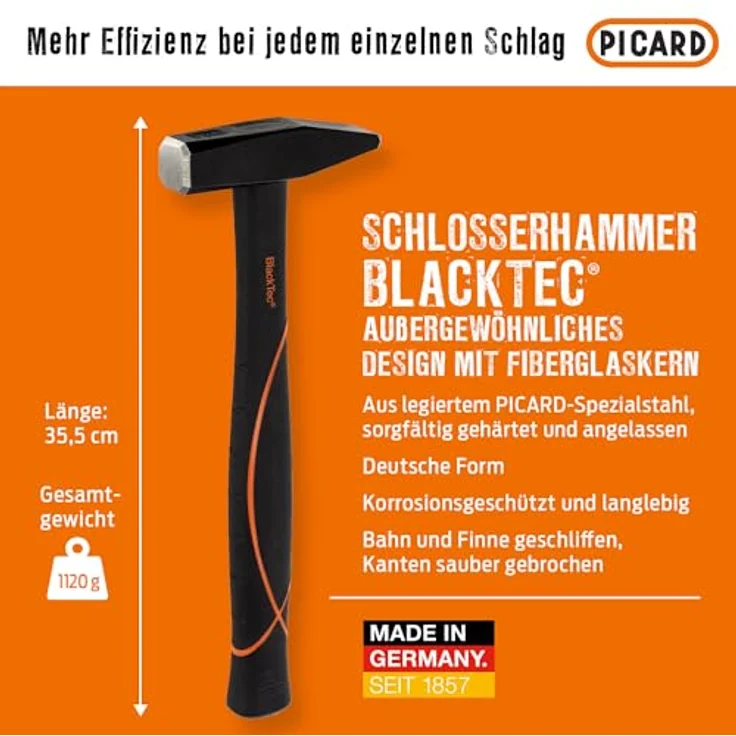 Picard Schlosserhammer mit Fiberglaskern 800g DIN 1041 – Bild 3