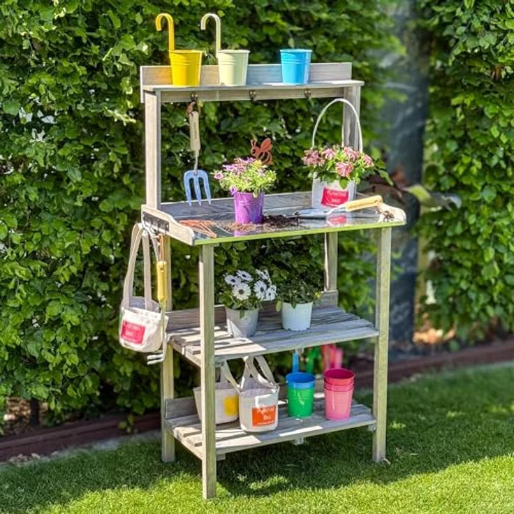 UNUS GARDEN Pflanztisch Pflanzregal verzinkter Arbeitsfläche Grau 76 cm x 38 cm x 91 cm (BxTxH), Massivholz, Gärtnertisch Blumentisch – Bild 5