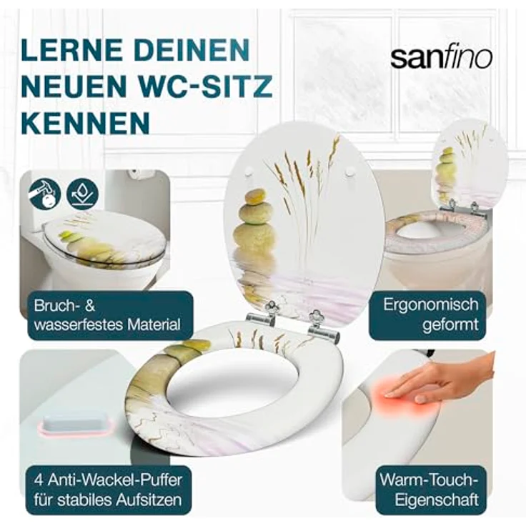 Sanfino WC Sitz Balance ll, Toilettendeckel aus Holz mit Absenkautomatik, Design in Weiß-Flieder mit Stein-Motiv, verchromte Metallscharniere – Bild 5