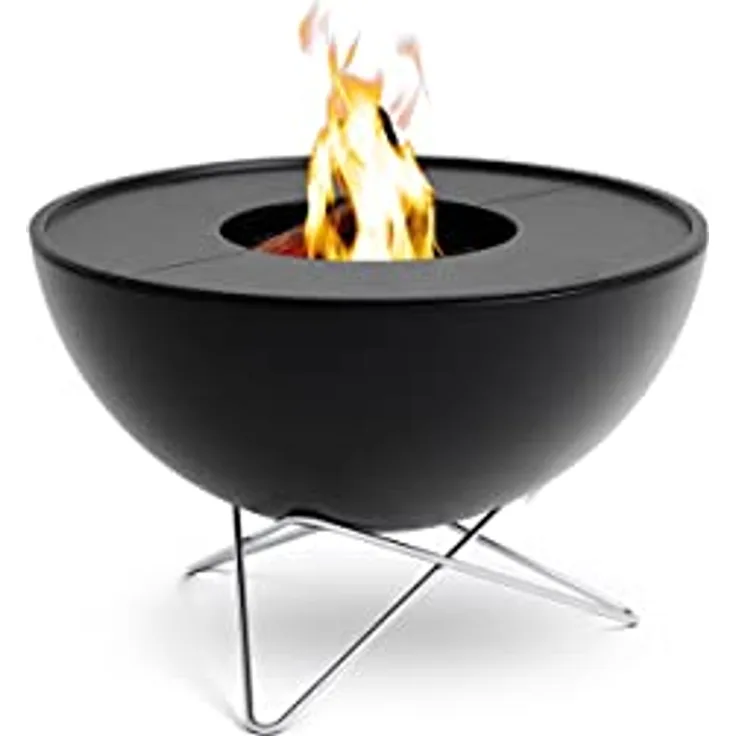 höfats BOWL 57 Plancha Set tief - raucharme Verbrennung - Feuerstelle und Plancha Grill - kippbarer Feuerkorb inkl. 2 Plancha Grillplatten - Stahl emailliert – schwarz, Ø 57 cm