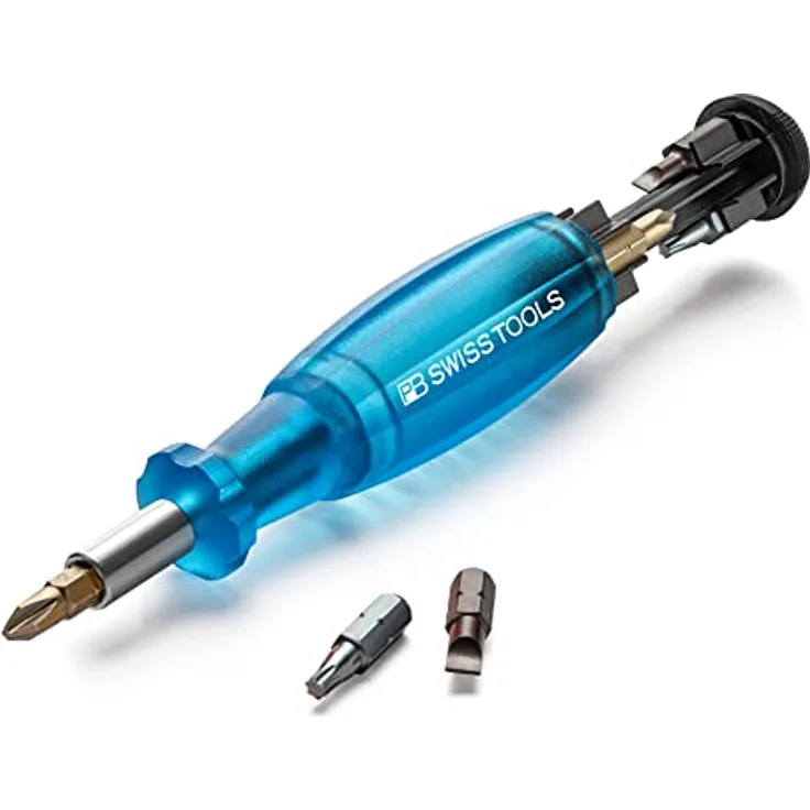 PB Swiss Tools Bit Handhalter Schraubendreher PB 6464 | 100% Swiss Made | Schraubendreher mit Bits im Griff, inklusive Schlitz 2/3/4, PH1/PH2, T10/T15/T20 Bits, Blau