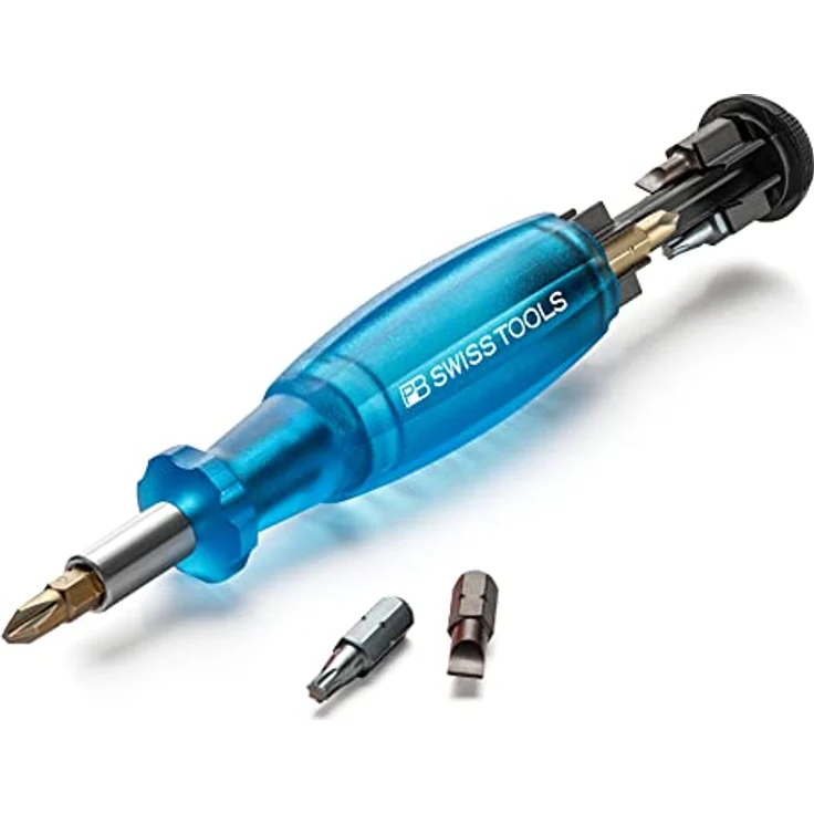 PB Swiss Tools Bit Handhalter Schraubendreher PB 6464 | 100% Swiss Made | Schraubendreher mit Bits im Griff, inklusive Schlitz 2/3/4, PH1/PH2, T10/T15/T20 Bits, Blau – Bild 1
