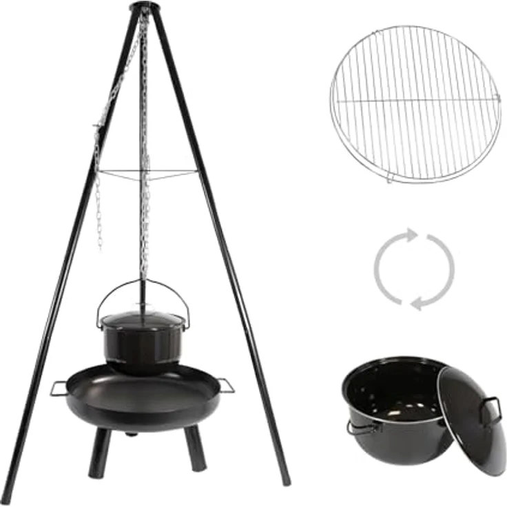 LEMODO Schwenkgrill mit Feuerschale und Grillrost, Dreibein Hängegrill mit Gulaschkessel, BBQ 3 Bein Grill Gestell - Holzkohlegrill Zubehör, Schwarz – Bild 2