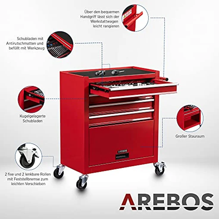 Arebos Werkstattwagen Rollwagen Werkzeugkiste Toolbox, mit Werkzeug, 81-tlg. Werkzeugset, (Komplett-Set) - Robuster Stahl, 4 Schubladen inkl. Werkzeuge, Antirutschmatten, kugelgelagerte Schubladen – Bild 6