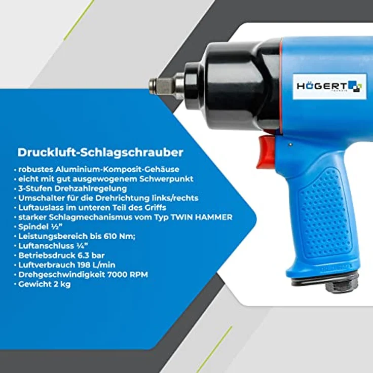 Högert Technik Pneumatischer Schlagschrauber 1/2" Twin Hammer bis 610 Nm, Aluminium-Komposit-Gehäuse, 3 Betriebsbereiche, HT4R622 – Bild 2