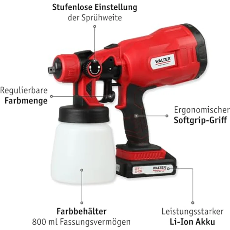 WALTER Farbsprühgerät Farbsprühsystem 20 V, 10-tlg Set mit 2 Sprühaufsätzen, 2 Behältern & Akku für DIY-Projekte – Bild 2